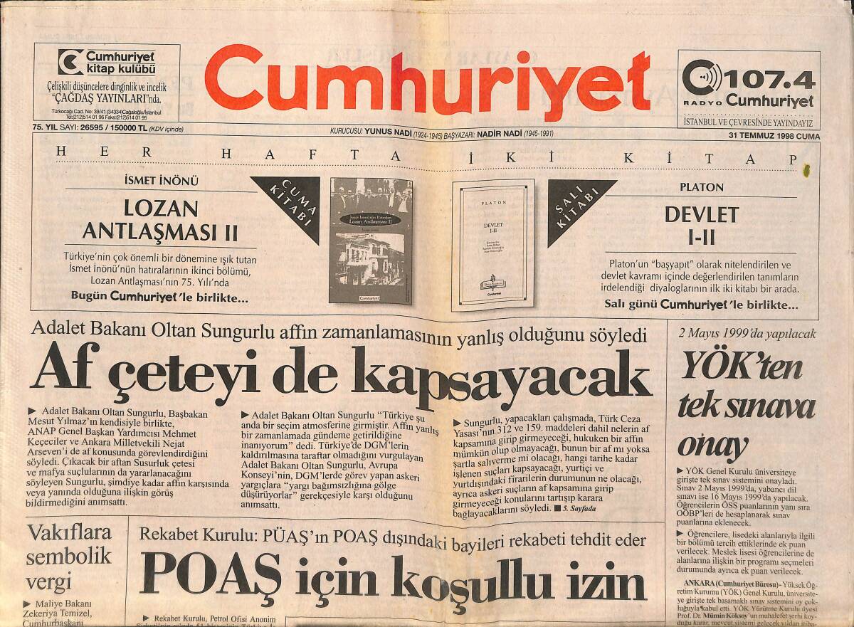 Cumhuriyet Gazetesi 31 Temmuz 1998 - Spielberg'in Yeni Başyapıtı - DSP Tarikatlara Ödün Verdi GZ3303 - 1