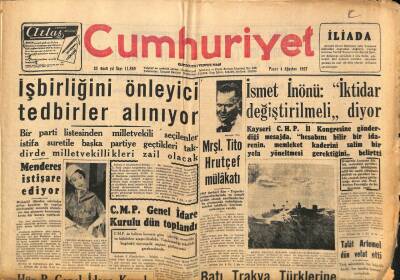 Cumhuriyet Gazetesi 4 Ağustos 1957 - Mrşl. Tito Hrutçef Mülakatı - Talat Artemel Dün Vefat Etti GZ96990 - 1