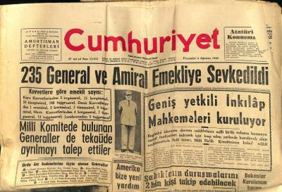 Cumhuriyet Gazetesi 4 Ağustos 1960 - Geniş Yetkili İnkılap Mahkemeleri Kuruluyor GZ58944 - 1