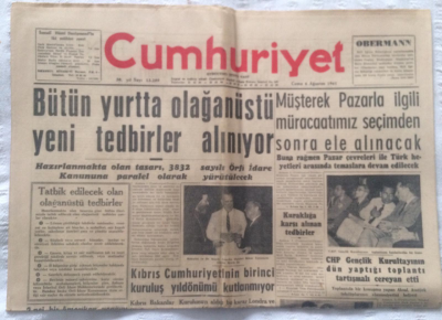Cumhuriyet Gazetesi 4 Ağustos 1961 - Bütün Yurtta Olağanüstü Yeni Tedbirler Alınıyor - GZ19416 - 1