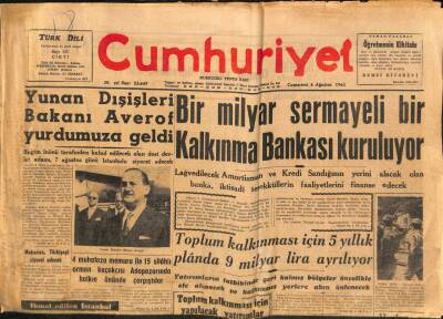Cumhuriyet Gazetesi 4 Ağustos 1962 - Bir Milyar Sermayeli ir Kalkınma Bankası Kuruluyor GZ85235 - 1