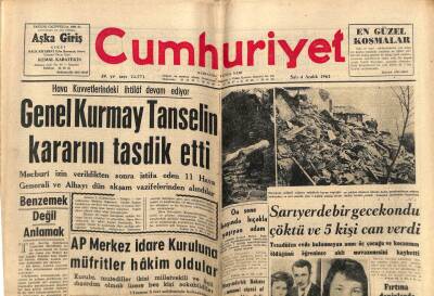 Cumhuriyet Gazetesi 4 Aralık 1962 - Genelkurmay Tanselin Kararını Tasdik Etti GZ70036 - 1