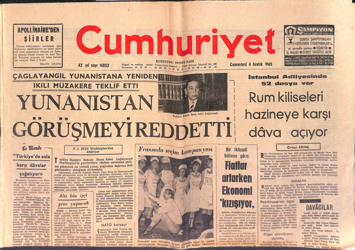 Cumhuriyet Gazetesi 4 Aralık 1965 - Türkiye'de Nükleer İlim Alanında Araştırmalar - Rum Kiliseleri Hazineye Karşı Dava Açıyor GZ153407 - 1