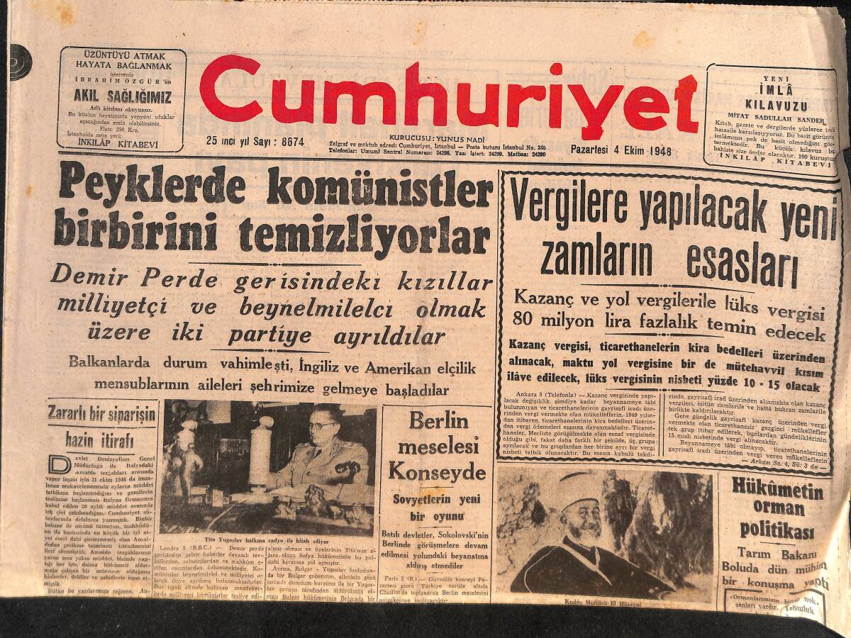 Cumhuriyet Gazetesi 4 Ekim 1948 - Peyklerde Komünistler Birbirini Temizliyorlar - DP'NİN Adapazarı Mitinginde Şiddetli Nutuklar Söylendi GZ146532 - 1
