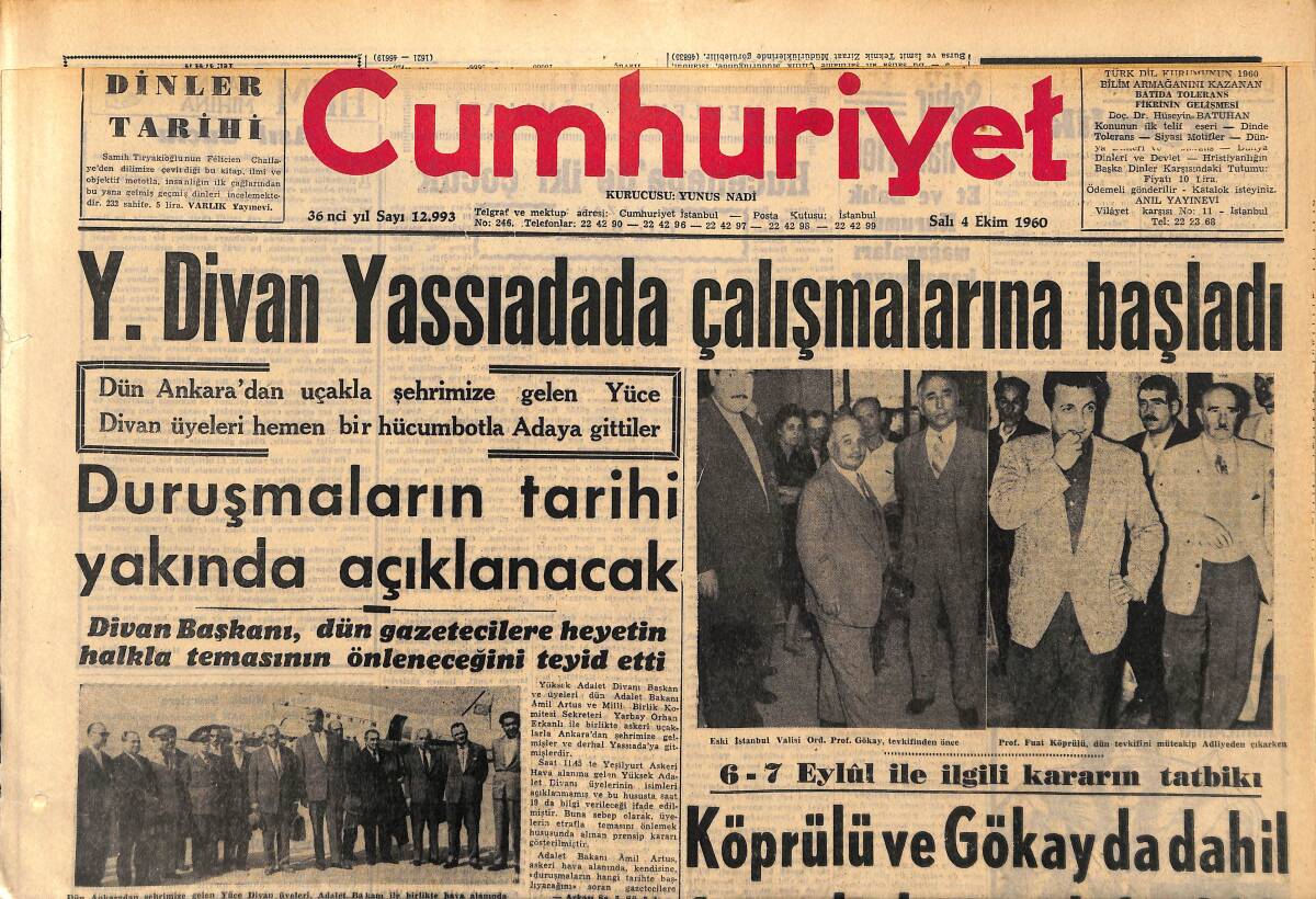 Cumhuriyet Gazetesi 4 Ekim 1960 - Yüksek Divan Yassıada'da Çalışmalarına Başladı - Vadim Ayrılacağı Karısına Roma'da İstikbal Hazırladı GZ152546 - 1
