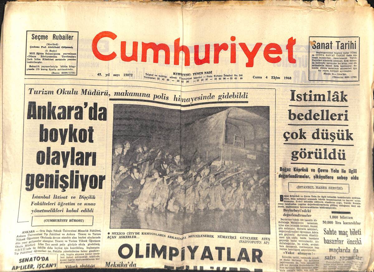 Cumhuriyet Gazetesi 4 Ekim 1968 - Sivas'ta Yayınlanan Bir Gazete Şeriat Ve Hilafeti Savundu - Fenerbahçe'nin Parlak Zaferi GZ140025 - 1