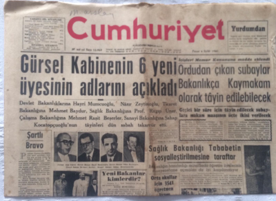 Cumhuriyet Gazetesi 4 Eylül 1960 - Gürsel Kabinenin 6 Yeni Üyesinin Adlarını Açıkladı - GZ19311 - 1