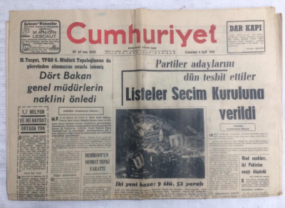 Cumhuriyet Gazetesi 4 Eylül 1965 - Partiler Adaylarını Dün Tesbit Ettiler Listeler Seçim Kuruluna Verildi - GZ19126 - 1