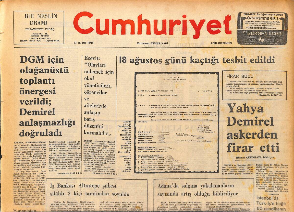 Cumhuriyet Gazetesi 4 Eylül 1976 - Yahya Demirel Askerden Firar Etti - Karadeniz'de Tabii Gaz Bulundu GZ160830 - 1