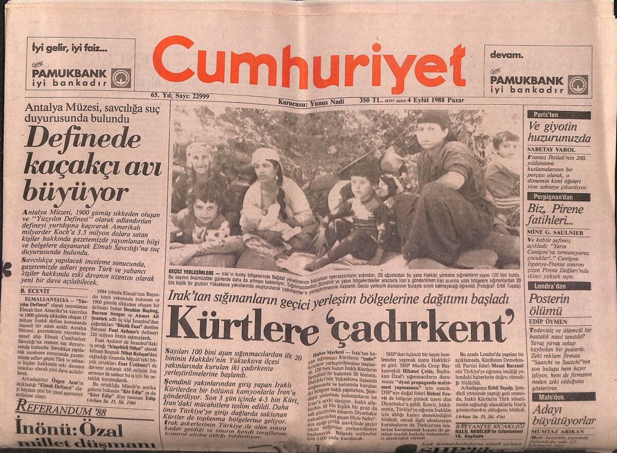 Cumhuriyet Gazetesi 4 Eylül 1988 - Irak'tan Sığınanların Geçici Yerleşim Bölgelerine Dağıtımı Başladı GZ149669 - 1