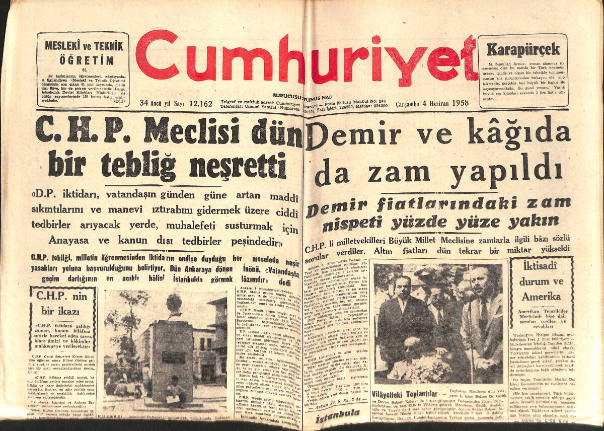 Cumhuriyet Gazetesi 4 Haziran 1958 - CHP Meclisi Dün Bir Tebliğ Neşretti - De Gaulle Bugün Cezayire Gidiyor! GZ139201 - 1