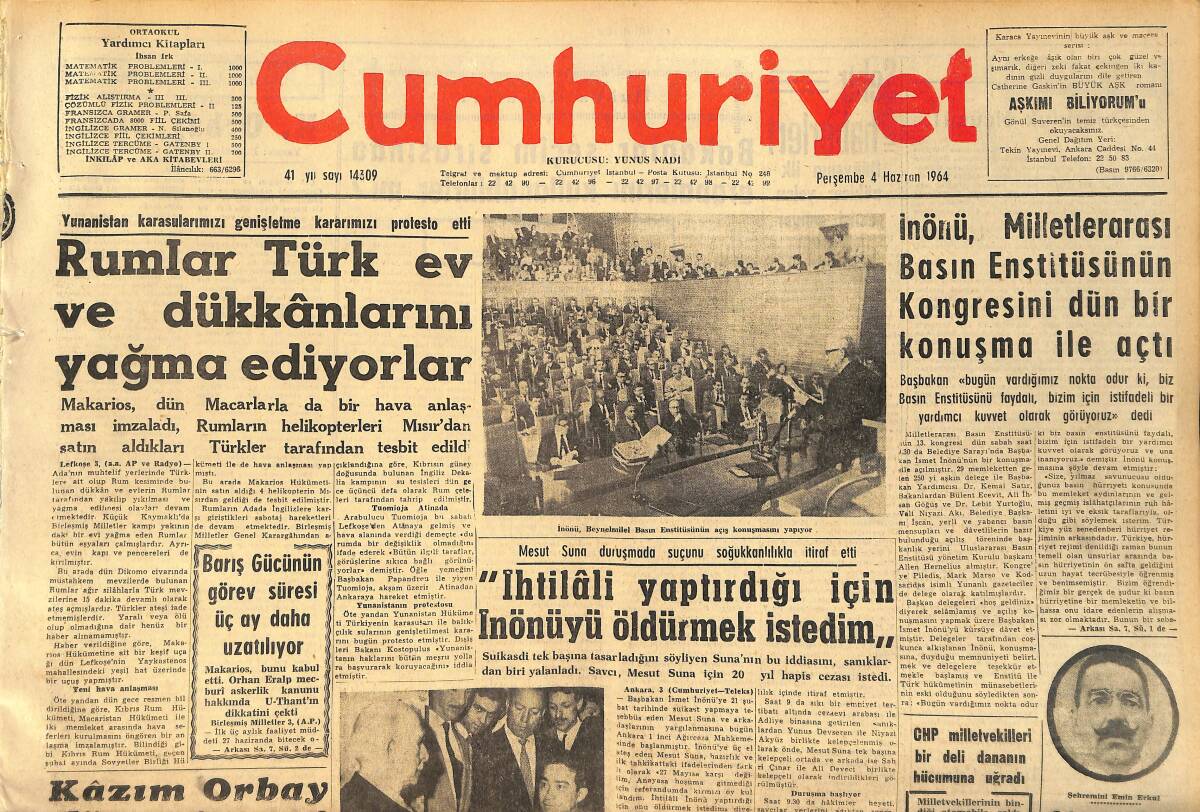 Cumhuriyet Gazetesi 4 Haziran 1964 - Orhan Boran'ın Boşanma Davasına Devam Edildi - Ete Boykot Bugün Başlıyor GZ160362 - 1