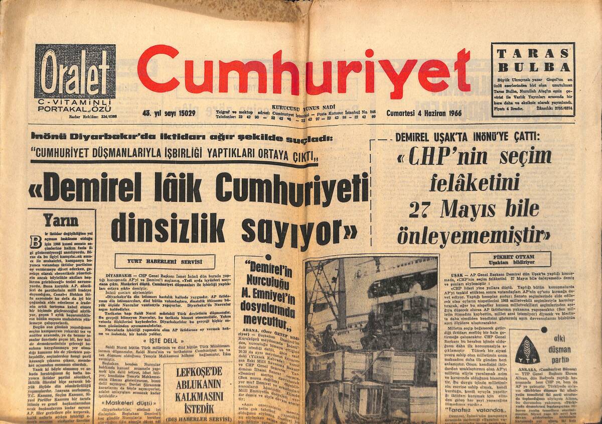 Cumhuriyet Gazetesi 4 Haziran 1966 - Demirel Laik Cumhuriyeti Dinsizlik Sayıyor - Lefkoşe'de Ablukanın Kalkmasını İstedik GZ160448 - 1