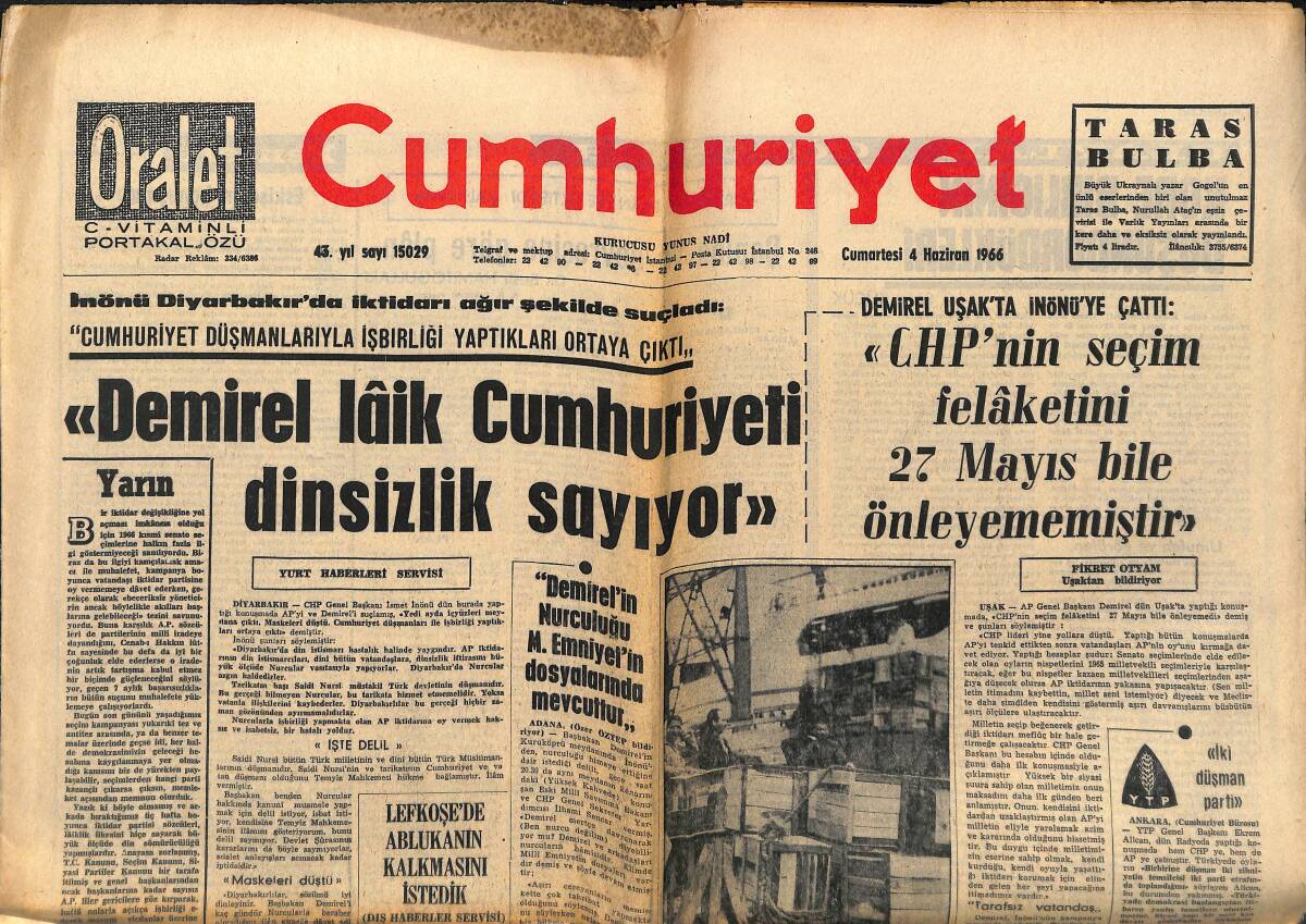 Cumhuriyet Gazetesi 4 Haziran 1966 - Süleyman Demirel Laik Cumhuriyeti Dinsizlik Sayıyor - Orhan Erkanlı, CHP'NİN 27 Mayıs'la İlgisi Yoktur! GZ139879 - 1