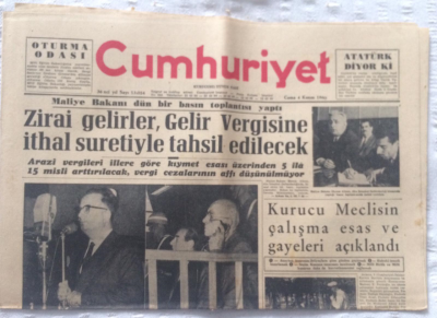 Cumhuriyet Gazetesi 4 Kasım 1960 - Zirai Gelirler,Gelir Vergisine İthal Suretiyle Tahsil Edilecek - GZ19353 - 1