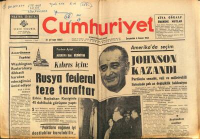 Cumhuriyet Gazetesi 4 Kasım 1964 - Amerika`da Seçim, Johnson Kazandı GZ88031 - 1