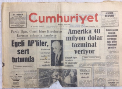 Cumhuriyet Gazetesi 4 Kasım 1971 - Amerika 40 Milyon Dolar Tazminat Veriyor, Egeli APliler Sert Tutumda - GZ21282 - 1