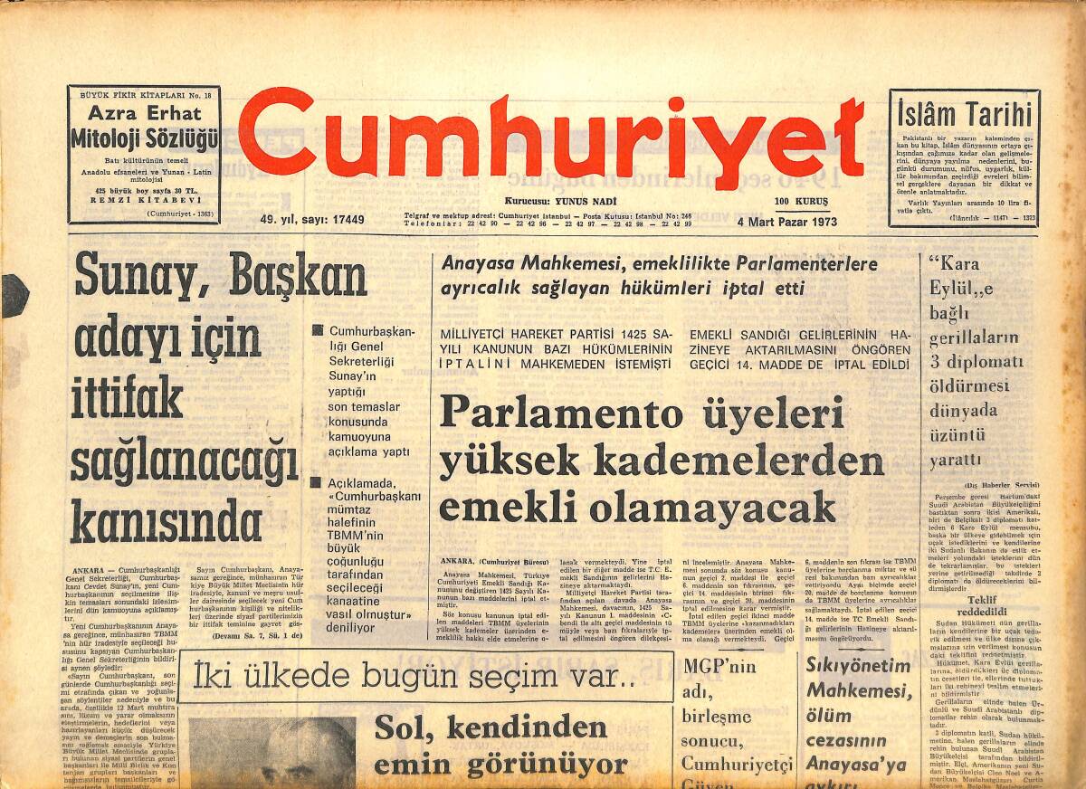 Cumhuriyet Gazetesi 4 Mart 1973 - Galatasaray İle Beşiktaş Oynuyor - Makarios: Enosis Daima Milli Arzum Oldu GZ143582 - 1