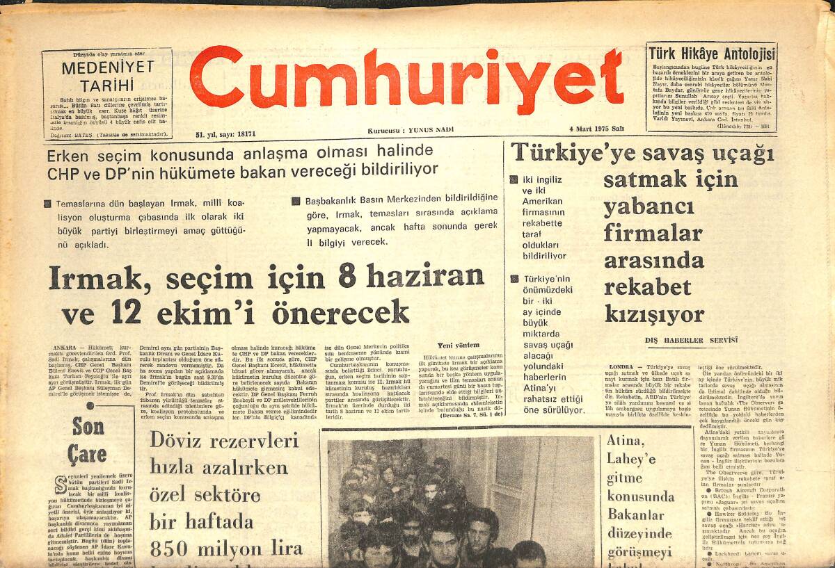 Cumhuriyet Gazetesi 4 Mart 1975 - Türkiye'ye Savaş Uçağı Satmak İçin Yabancı Firmalar Arasında Rekabet Kızışıyor GZ143723 - 1
