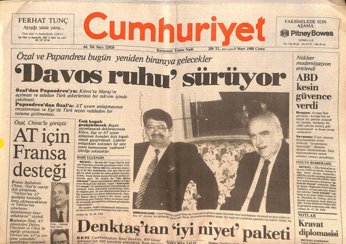Cumhuriyet Gazetesi 4 Mart 1988 - ABD Kesin Güvence Verdi - AT İçin Fransa Desteği GZ151920 - 1