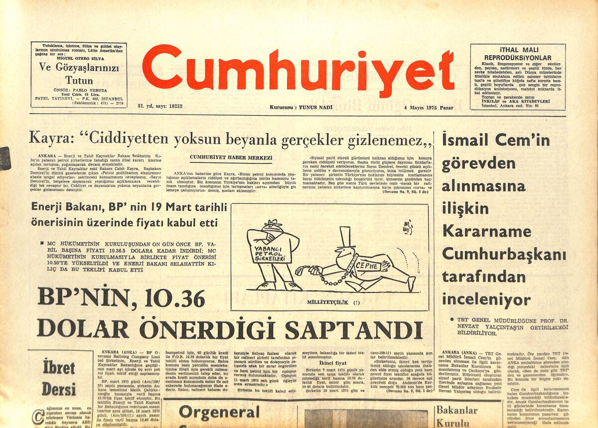 Cumhuriyet Gazetesi 4 Mayıs 1975 - Ecvet Güresin Vefat Etti - BP'nin ,10.36 Dolar Önerdiği Saptandı GZ143704 - 1