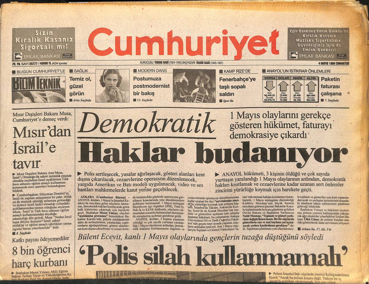 Cumhuriyet Gazetesi 4 Mayıs 1996 - Kadıköy Gösterilere Kapatıldı - Fenerbahçe'ye Trabzon'da Saldırı GZ147826 - 1