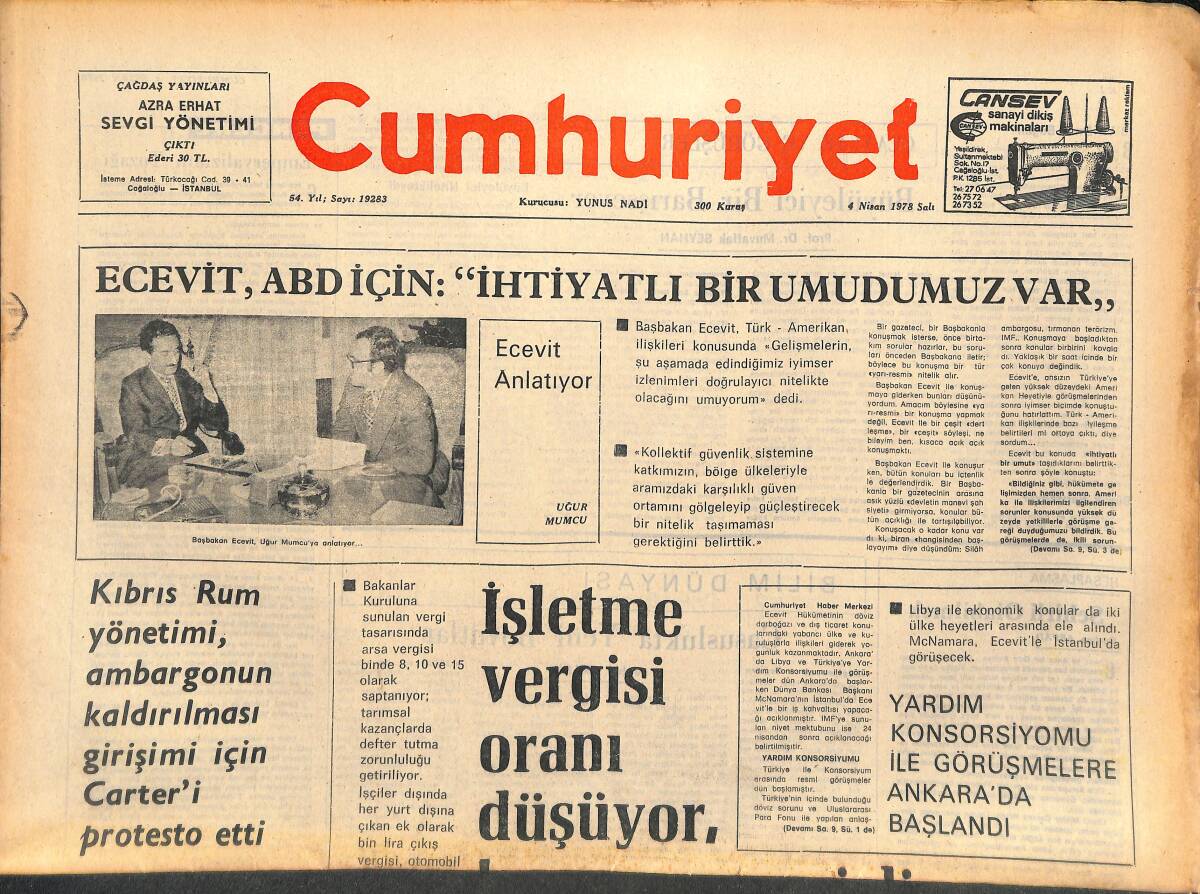 Cumhuriyet Gazetesi 4 Nisan 1978 - Ankara'da 11 Yere Patlayıcı Madde Atıldı - Doların Değer Kaybı Türkiye'yi Zarara Sokuyor! GZ143230 - 1