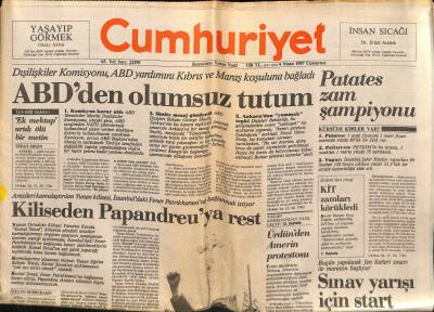 Cumhuriyet Gazetesi 4 Nisan 1987 - Kiliseden Papandreuya Rest GZ62275 - 1
