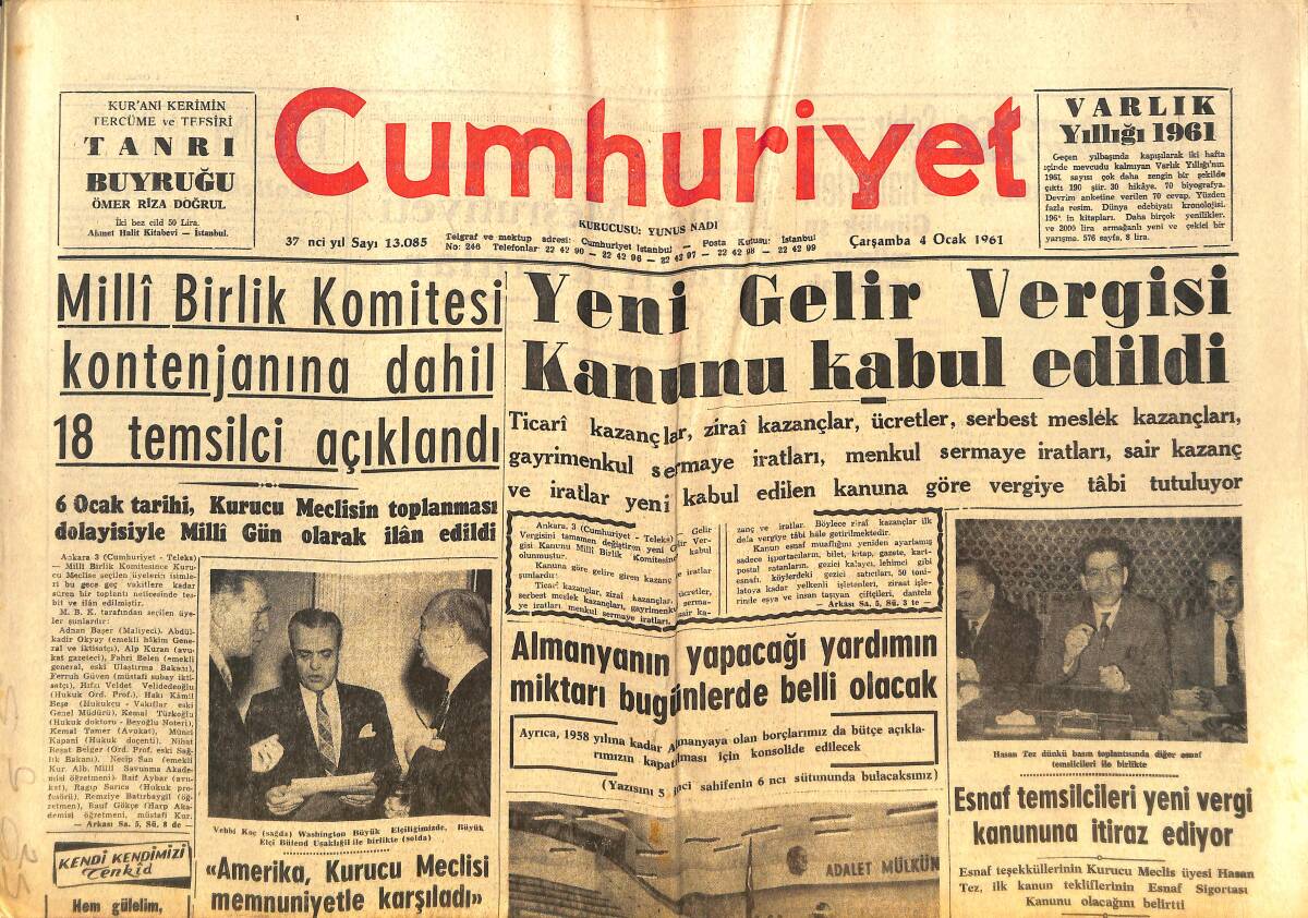 Cumhuriyet Gazetesi 4 Ocak 1961 - Almanya'nın Yapacağı Yardımın Miktarı Bu Günlerde Belli Olacak - Romanya Türkiye'ye Tazminat Verecek GZ140052 - 1