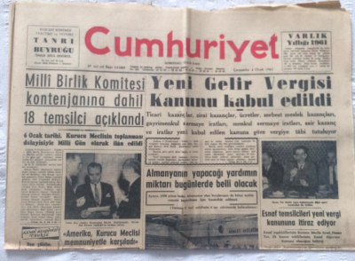 Cumhuriyet Gazetesi 4 Ocak 1961 - Yeni Gelir Vergisi Kanunu Kabul Edildi - GZ19369 - 1