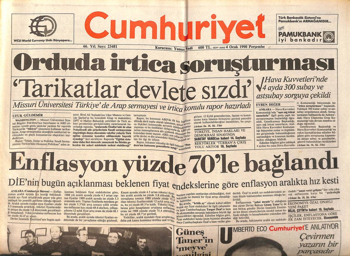 Cumhuriyet Gazetesi 4 Ocak 1990 - Enflasyon Yüzde 70'le Bağlandı - Cumhuriyet 7 Ödül Kazandı GZ157215 - 1