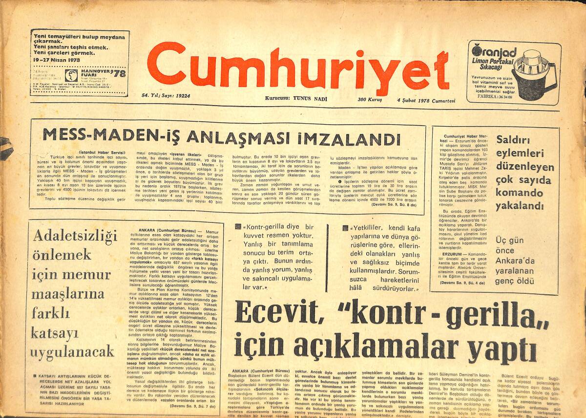 Cumhuriyet Gazetesi 4 Şubat 1978 - Carter'e Göre Kıbrıs'ta Türkler İnsan Haklarını İhlal Etmedi - Anna Karenina Da Uyduruk Ve Gerçek GZ142859 - 1