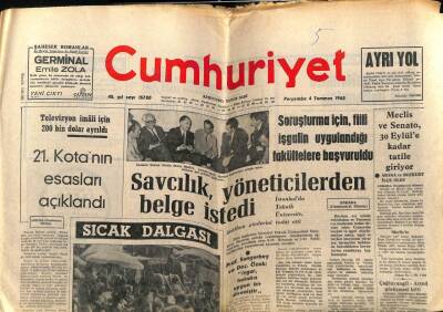 Cumhuriyet Gazetesi 4 Temmuz 1968 - Savcılık Yöneticilerden Belge İstedi GZ75931 - 1