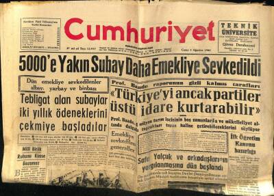 Cumhuriyet Gazetesi 5 Ağustos 1960 - Türkiyeyi Ancak Partiler Üstü İdare Kurtarabilir GZ58978 - 1