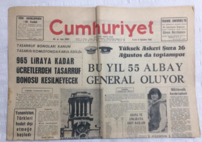 Cumhuriyet Gazetesi 5 Ağustos 1966 - Yüksek Askeri Şura 26 Ağustosta Toplanıyor Bu Yıl 55 Albay General Oluyor - GZ19513 - 1