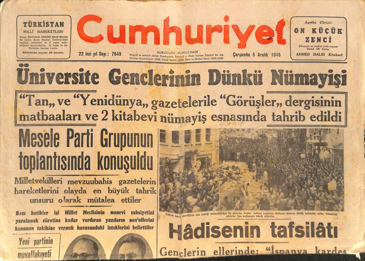 Cumhuriyet Gazetesi 5 Aralık 1946 - Boğazlar Meselesi, Rusya İsteklerinde Israr Ettiğini Bize Bildirmiş - Başbakan Şükrü Saraçoğlu GZ146569 - 1