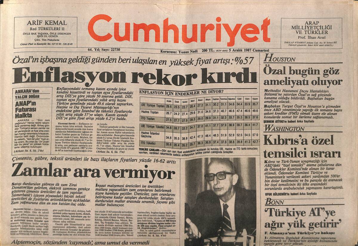 Cumhuriyet Gazetesi 5 Aralık 1987 - Gelir Dağılımı Korku Veriyor - Kıbrıs'a Özel Temsilci Israrı GZ151662 - 1