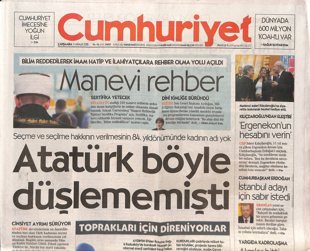 Cumhuriyet Gazetesi 5 Aralık 2018 - Atatürk Böyle Düşlememişti - 'Ergenekon'un Hesabını Verin - Erdoğan Sabır İstedi GZ135378 - 1