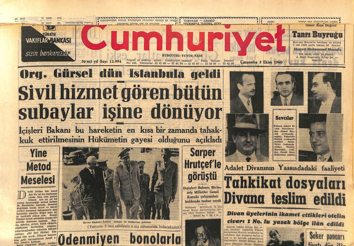 Cumhuriyet Gazetesi 5 Ekim 1960 - Fenerbahçe Galatasaray Bu Gece Ankara'da Oynuyor - Celal Bayar'ın Hatıratı Nasıl Basılacaktı GZ152547 - 1
