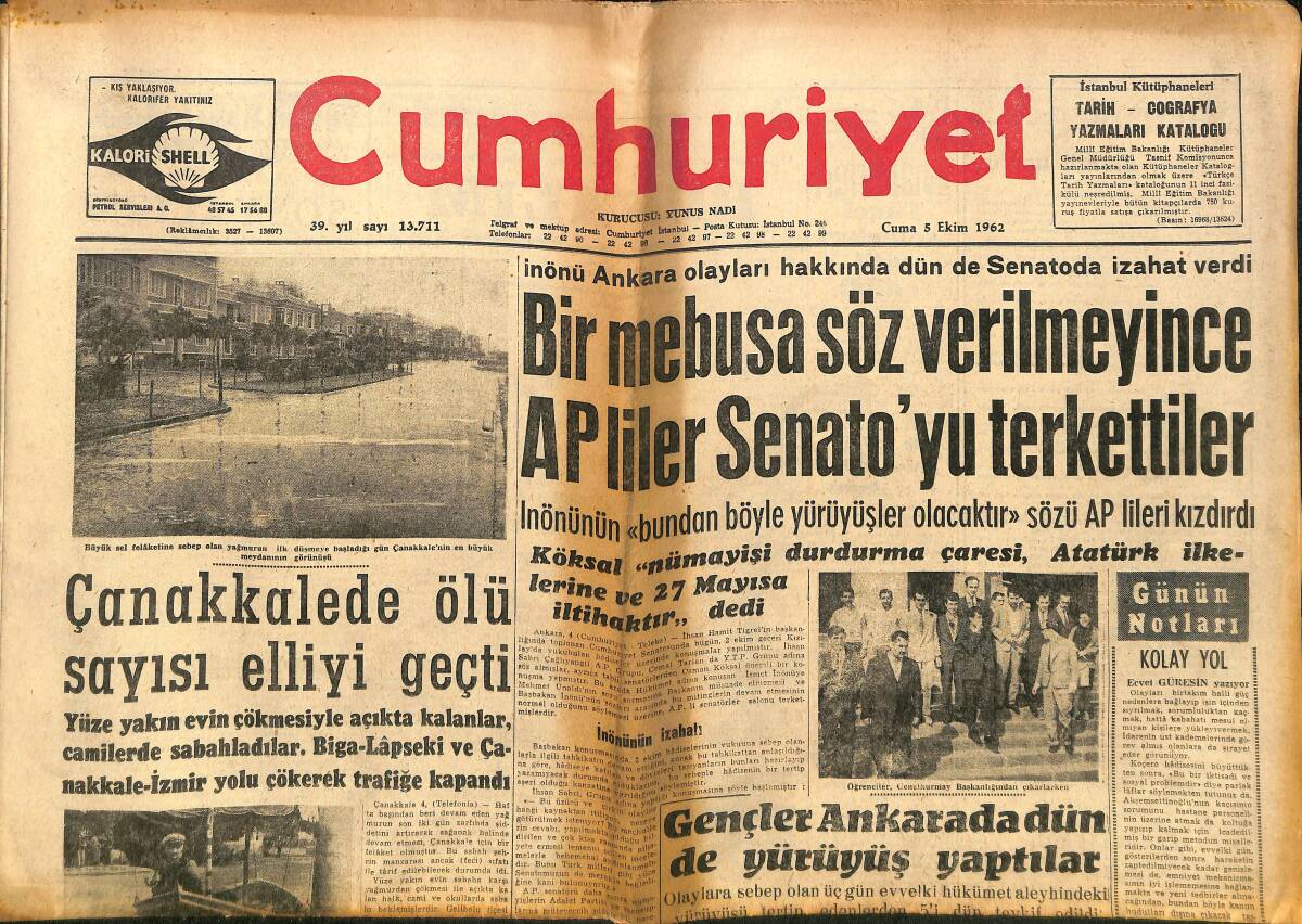 Cumhuriyet Gazetesi 5 Ekim 1962 - AP'LİLER Senato'yu Terkettiler - Muş- Tatvan Demiryolu Hattı İnşaatı Durduruldu GZ140107 - 1