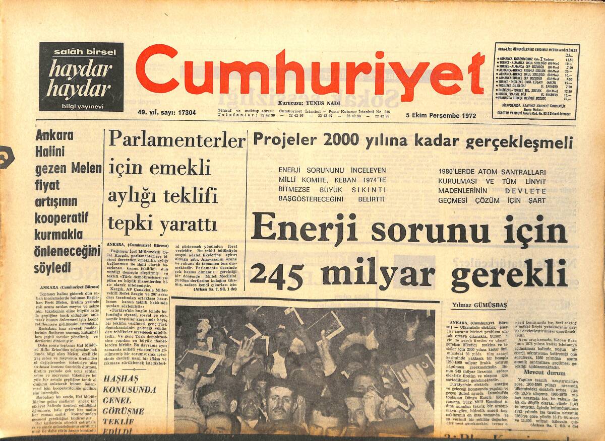 Cumhuriyet Gazetesi 5 Ekim 1972 - THY Ve Havadan Kazananlar - Gıyasettin Yılmaz Yine Milli Takımda GZ143600 - 1