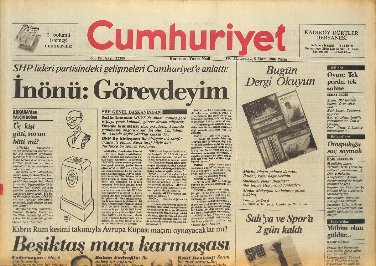 Cumhuriyet Gazetesi 5 Ekim 1986 - Özal, ABD'den Daha Fazla Destek İstedi - Beşiktaş Lider GZ133936 - 1