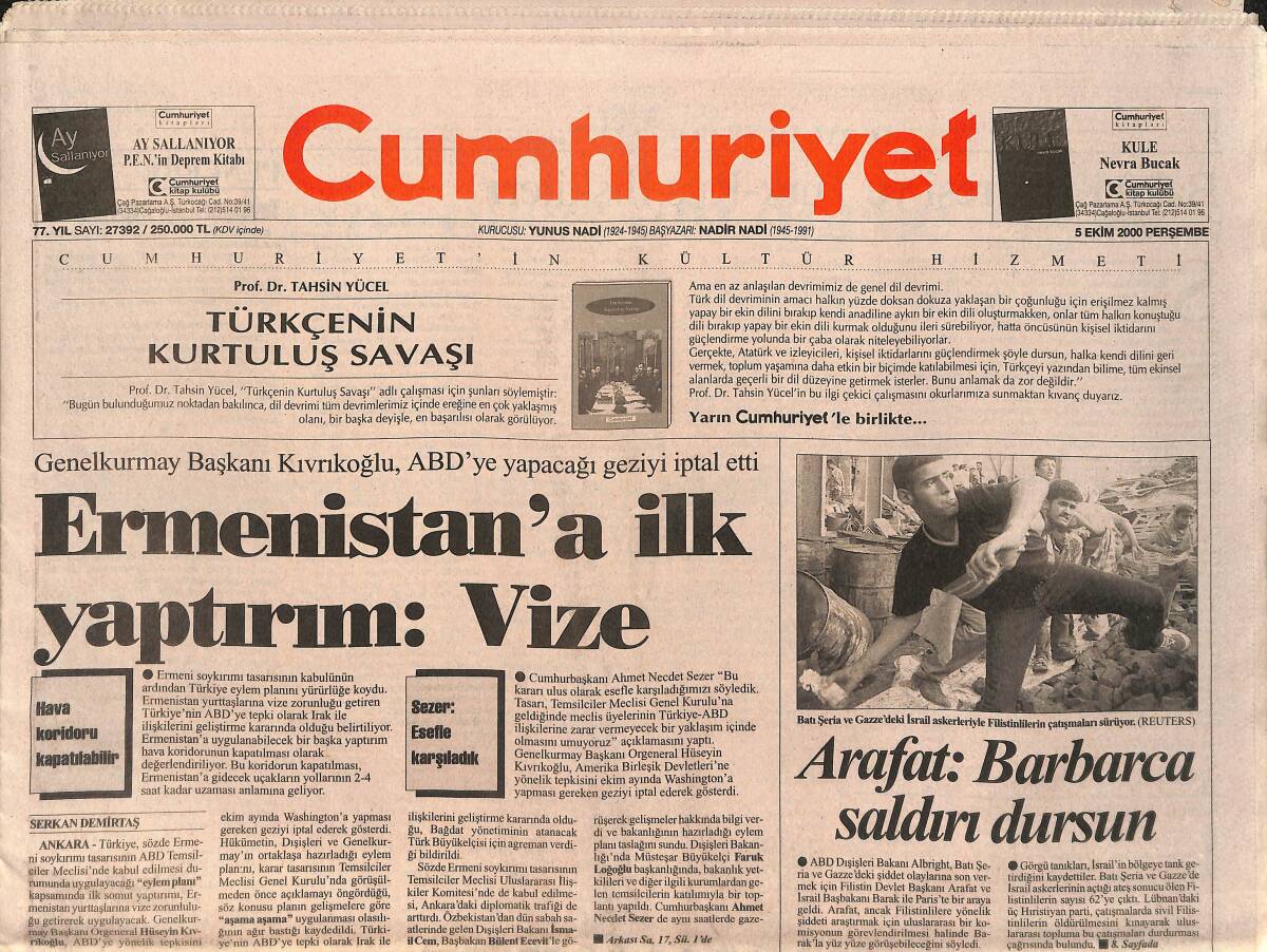 Cumhuriyet Gazetesi 5 Ekim 2000 - Ermenistan'a İlk Yaptırım Vize - Jim Carrey Şarkıcılığa Soyundu GZ3334 - 1