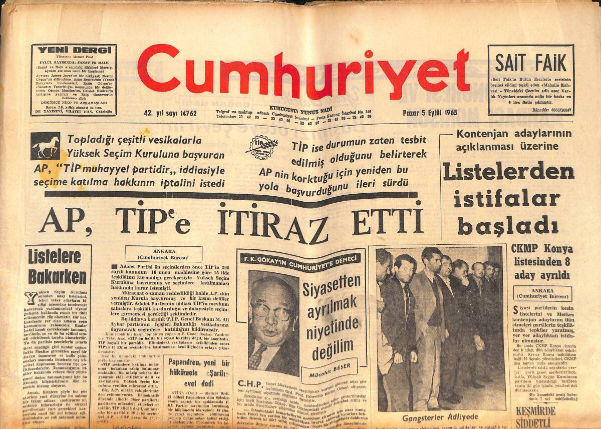 Cumhuriyet Gazetesi 5 Eylül 1965 - Melahat Gedik'in Aydınlılara Mesajı - Fenerbahçe Beykoz Karşısında Bocaladı - AP, TİP'e İtiraz Etti GZ139773 - 1