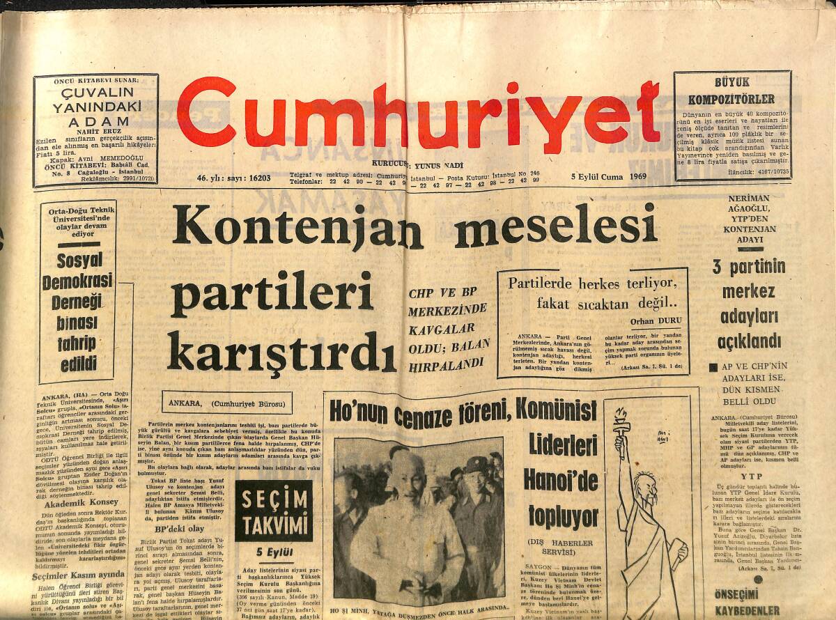Cumhuriyet Gazetesi 5 Eylül 1969 - Kontenjan Meselesi Partileri Karıştırdı - Ho'nun Cenaze töreni, Komünist Liderleri Hanoi'de Topluyor GZ140005 - 1