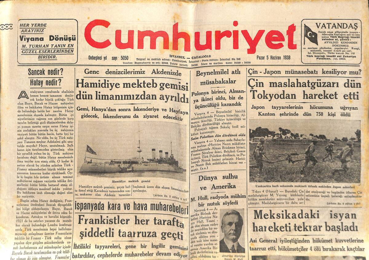 Cumhuriyet Gazetesi 5 Haziran 1938 - Hamidiye Mektep Gemisi Dün Limanımızdan Ayrıldı - Galatasaray-Güneş Bugün Karşılaşıyor GZ141256 - 1