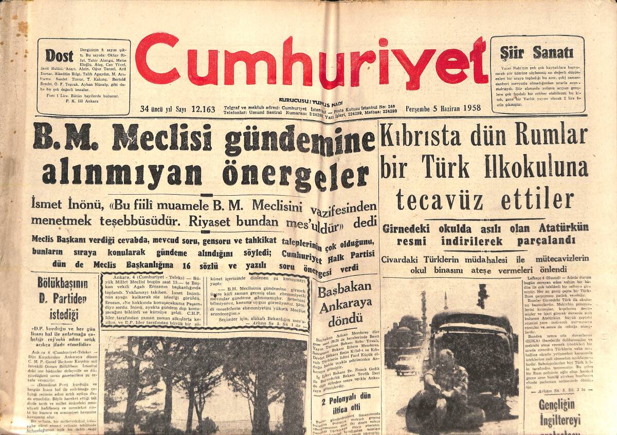 Cumhuriyet Gazetesi 5 Haziran 1958 - B.M Meclisi Gündemine Alınmayan Önergeler - Rusya'nın Türkiye'ye Yakınlaşma Teşebbüsü! GZ139202 - 1