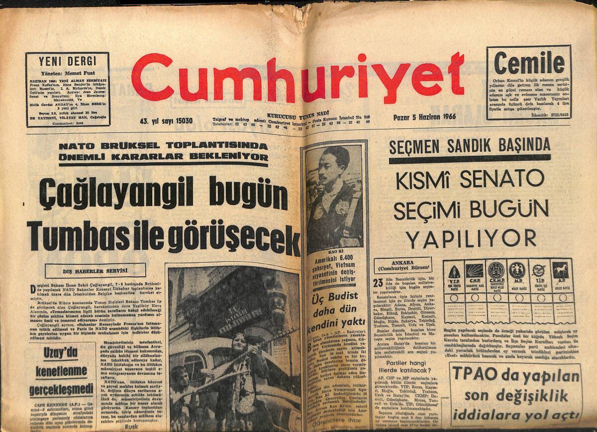 Cumhuriyet Gazetesi 5 Haziran 1966 - Çağlayangil Bugün Tumbas İle Görüşecek - Moda Cinayetinin Faili İdama Mahkum Oldu! GZ139880 - 1