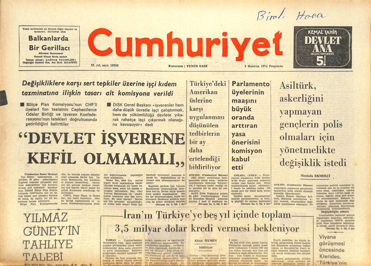 Cumhuriyet Gazetesi 5 Haziran 1975 - Devlet İşverene Kefil Olmamalı - Hakan Balamir TV'YE Tosun Bey Olarak Geliyor GZ143548 - 1