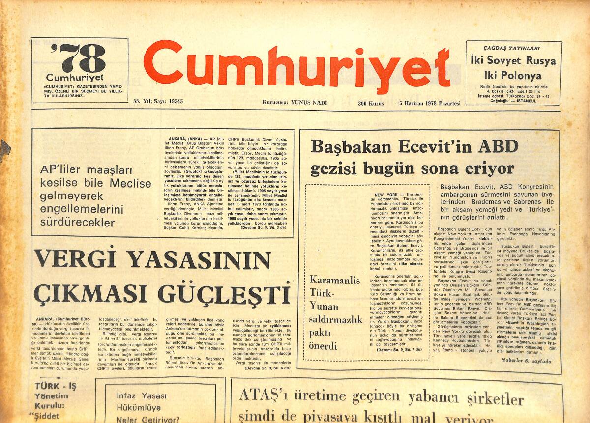 Cumhuriyet Gazetesi 5 Haziran 1978 - Olaylara Neden Olan TÖB-DER İstanbul Kongresi Dün Yapıldı - Vergi Yasasının Çıkması Güçleşti GZ142669 - 1